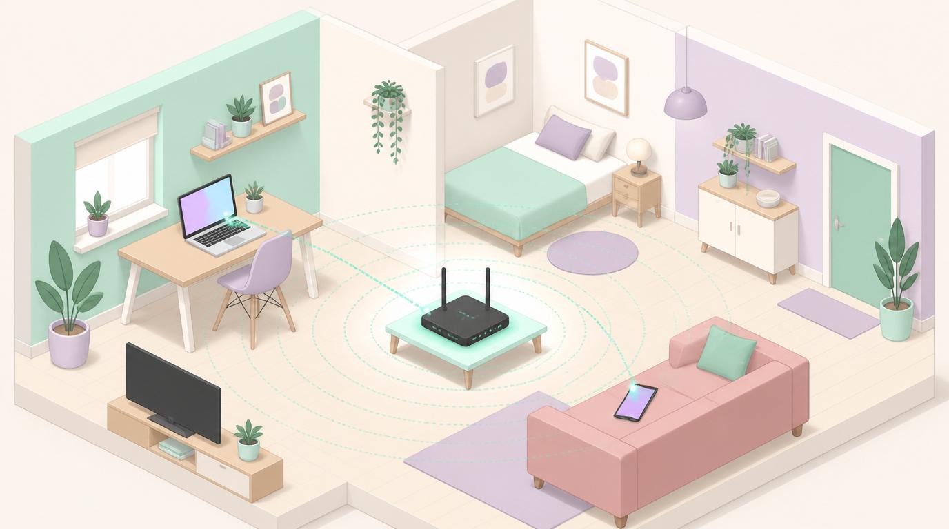 How to set up a mesh WiFi network — overhead view of three sleek mesh WiFi nodes on a dark surface with glowing signal connections
